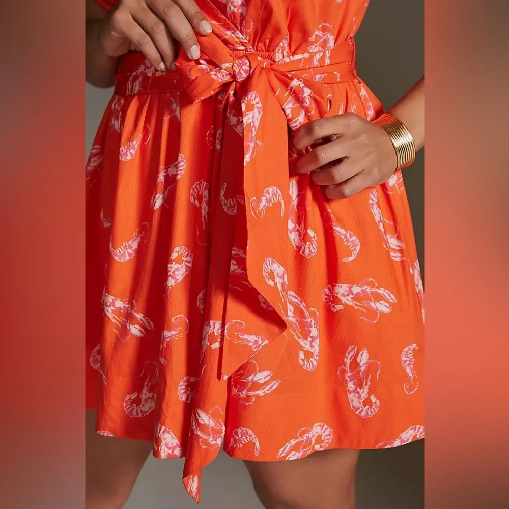 ANTHROPOLOGIE Maeve‎ Mainely Lobster Wrap Dress Vibrant Orange Red lobster S
